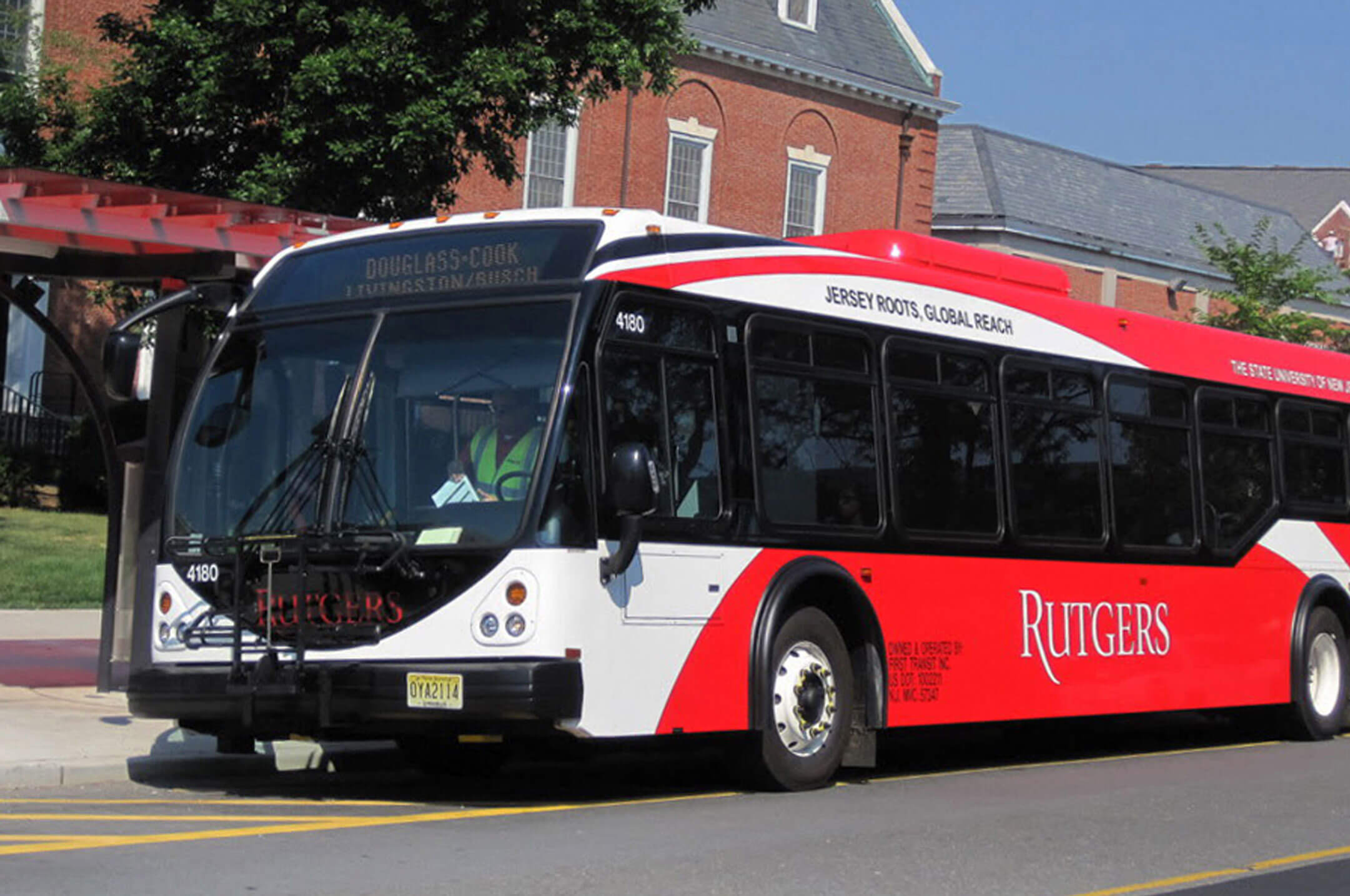 Rutgers bus at a stop on College Avenue