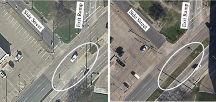overhead photos showing before and after of a modified median