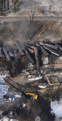 Aerial photo of a 2015 crude oil train derailment in Mt. Carbon, WV