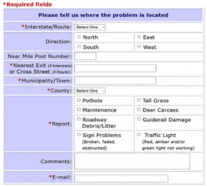 screen shot of pothole-maintenance online reporting form