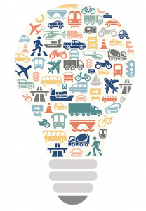 illustration of lightbulb with transportation icons inside