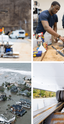 photos of CAIT technologies, Hurricane Sandy, and students building a drone