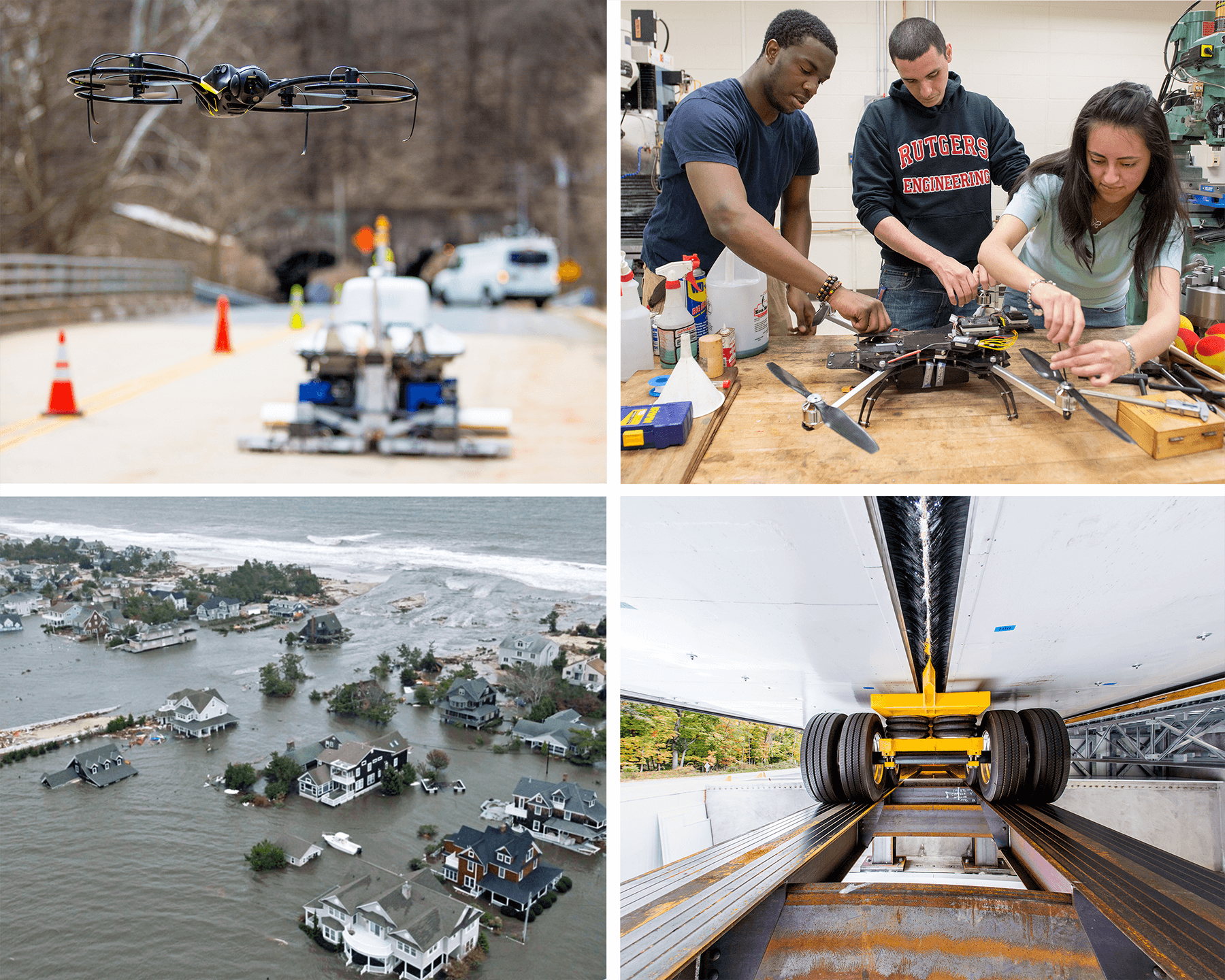 photos of CAIT technologies, Hurricane Sandy, and students building a drone