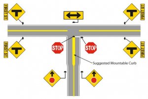 diagram showing options for placement of warning and stop signs at intersections
