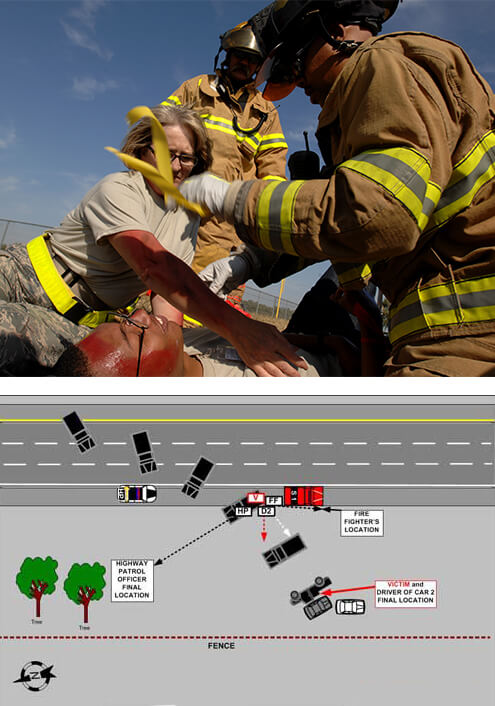 two photos: top shows first responders, bottom shows an overhead diagram a traffic crash