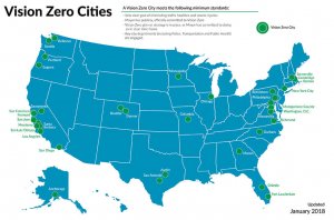 ="U.S. map showing cities adopting the “Vision Zero” approach to reducing traffic fatalities