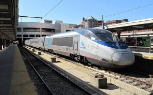 high speed Acela train leaving the station in Washington DC