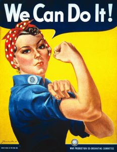 famous photo of 1940's woman flexing with the text "We can do it!"