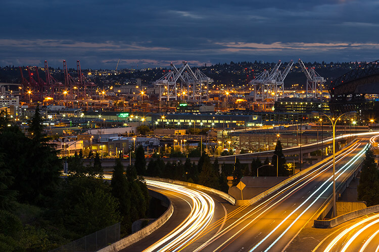 Seattle at night showing complex built environment