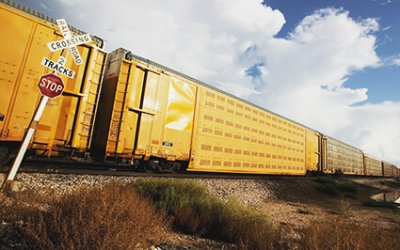 freight train of yellow livestock cars at road crossing