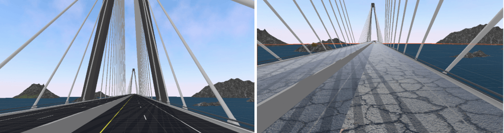 Two pictures of a virtual reality bridge