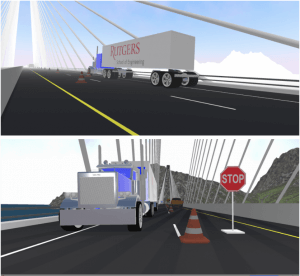 Twho pictures of trucks on the virtual reality bridge.