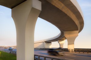 View from below to a concrete overpass.