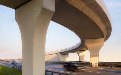 View from below to a concrete overpass.